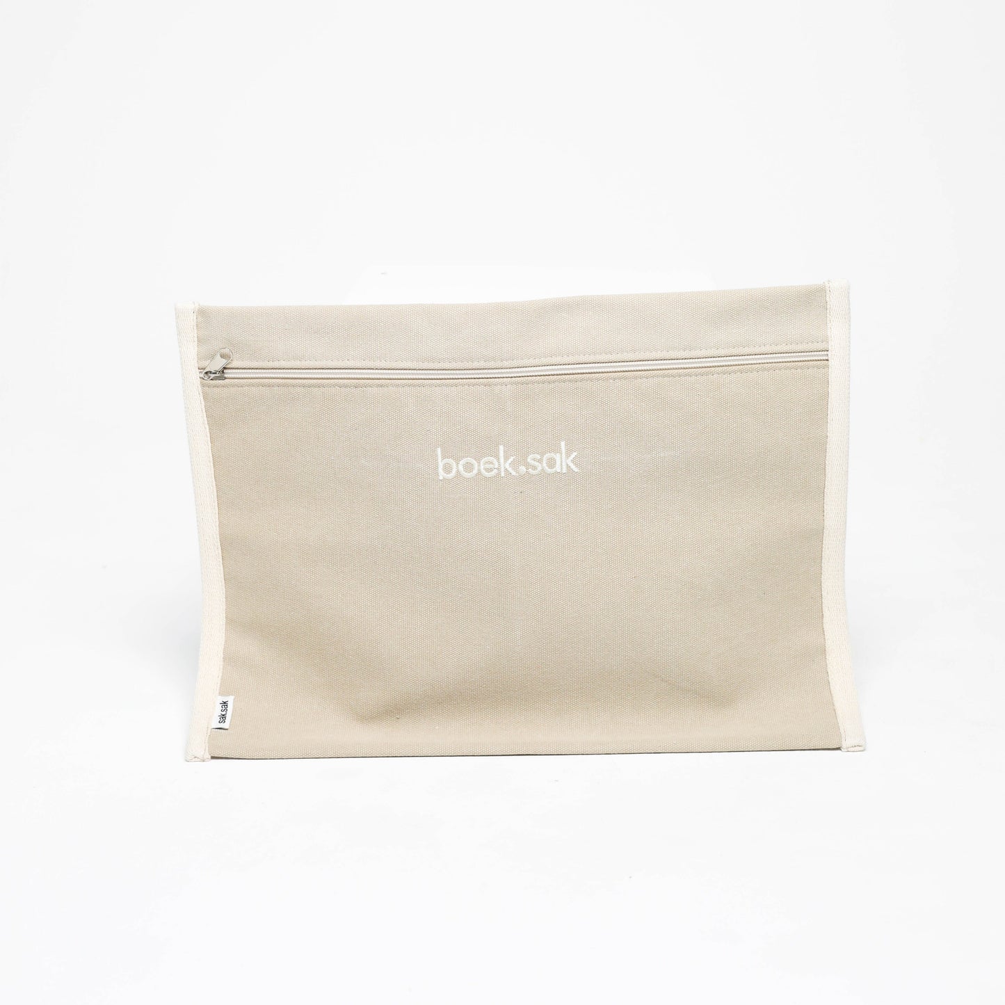 Beige pouch with 'book bag' branding on a white background