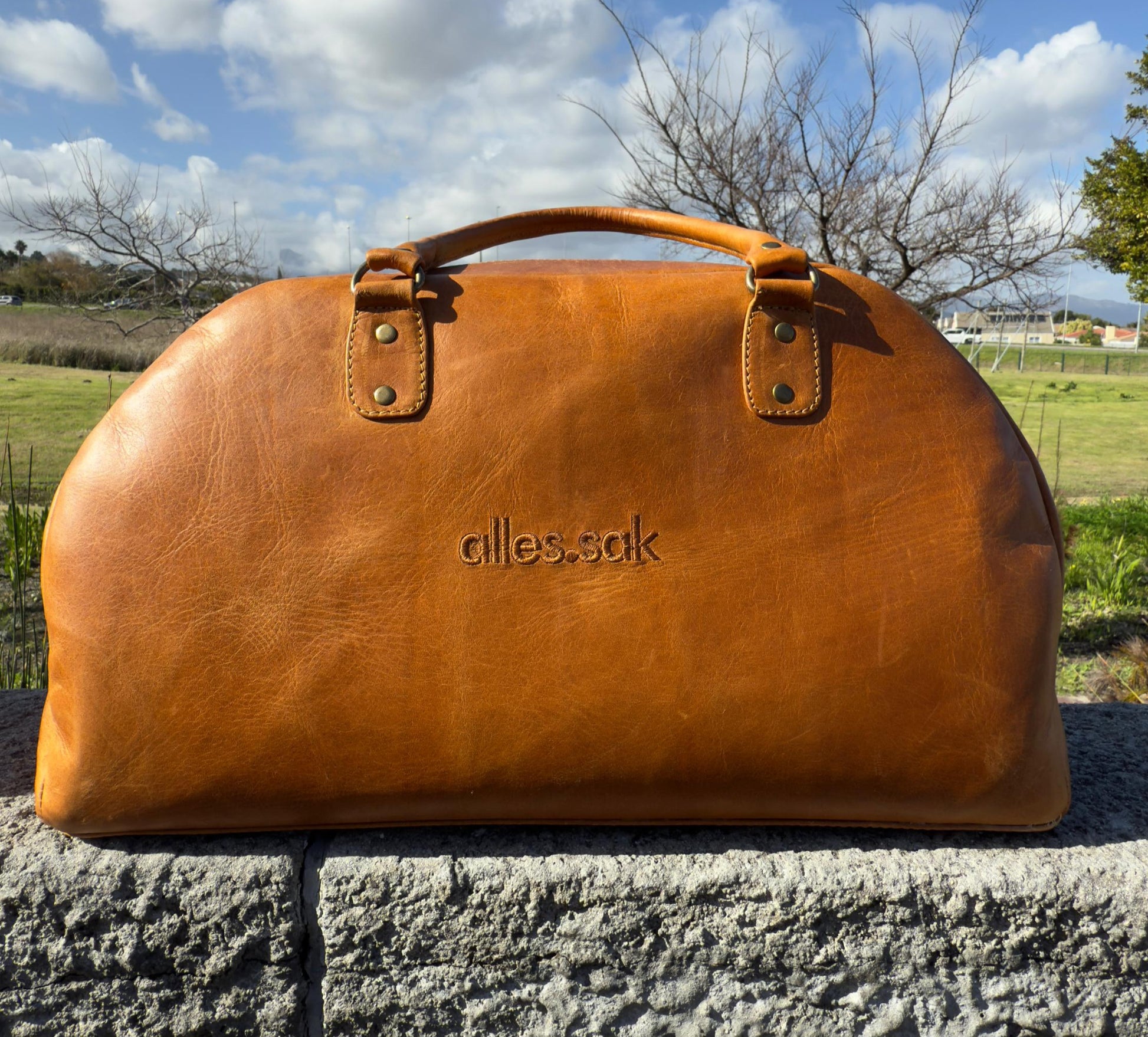 Brown leather duffel bag with 'alles sak' branding on a stone surface with a grassy field and trees in the background.