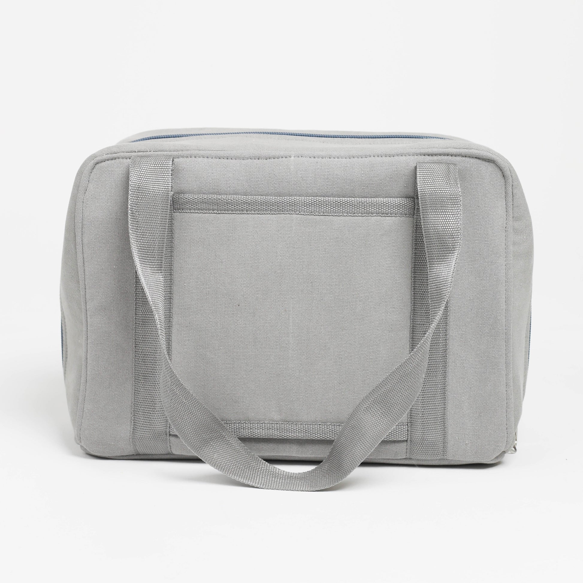 Gray toiletry bag with a handle on a white background